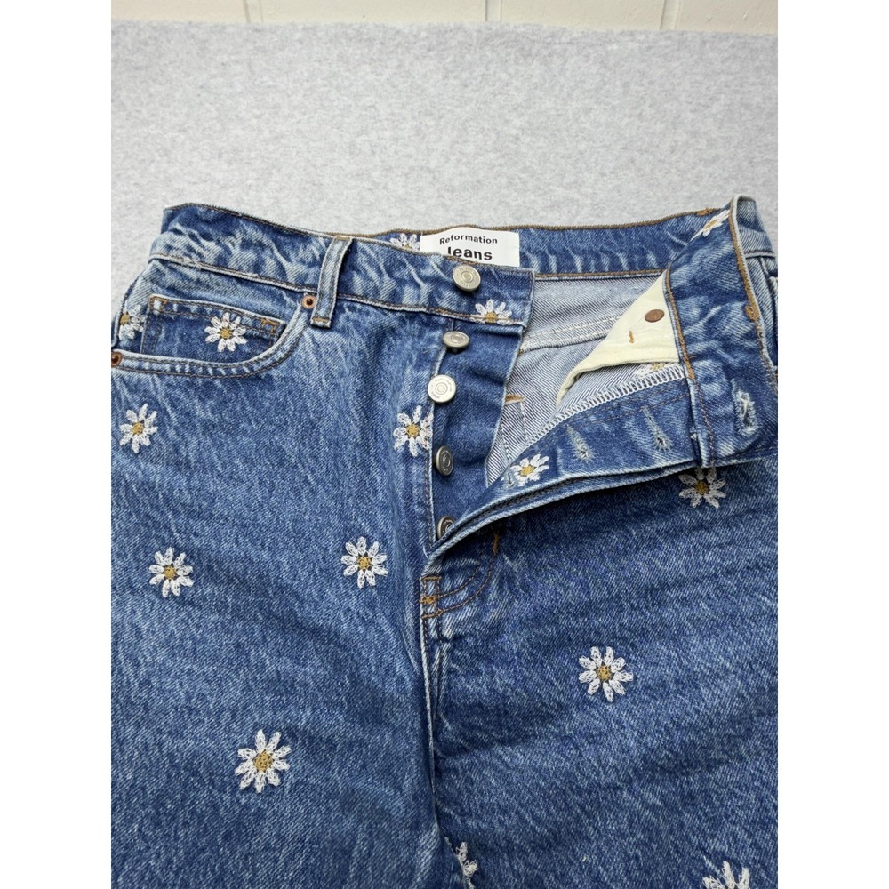 Reformation Cynthia Chamomile High Rise Straight Jeans Womens 26 Blue Floral - Picture 3 of 16